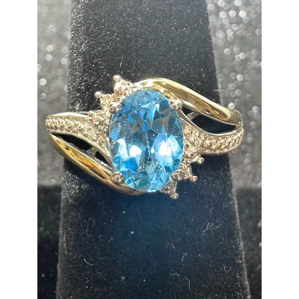 Blue Topaz and mined diamond ring in 925 and 10K